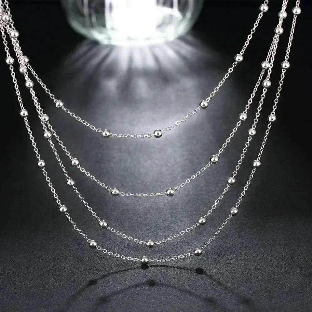 925 Sterling Silver Beaded Multi Layered Necklace Statement Necklace